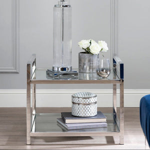 Polished Silver Stainless Steel End Table with Clear Tempered Glass Shelves, Vogue