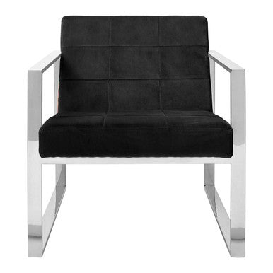 Black upholstered chair with chrome frame on a white background