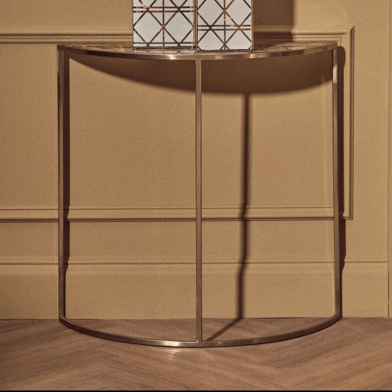 Black Agate Top Half Moon Console Table in Gold Coloured Steel Frame, Vita