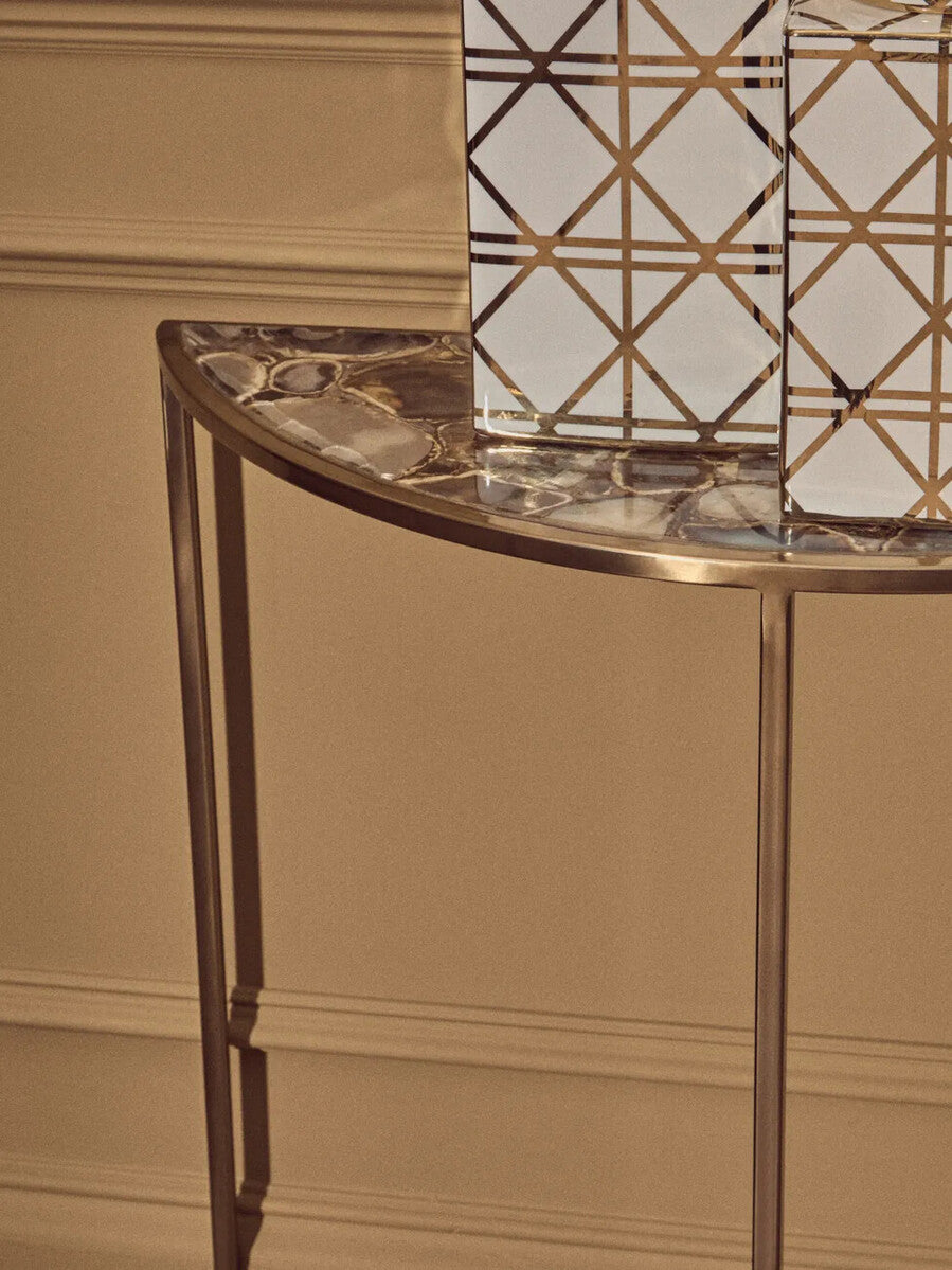 Black Agate Top Half Moon Console Table in Gold Coloured Steel Frame, Vita