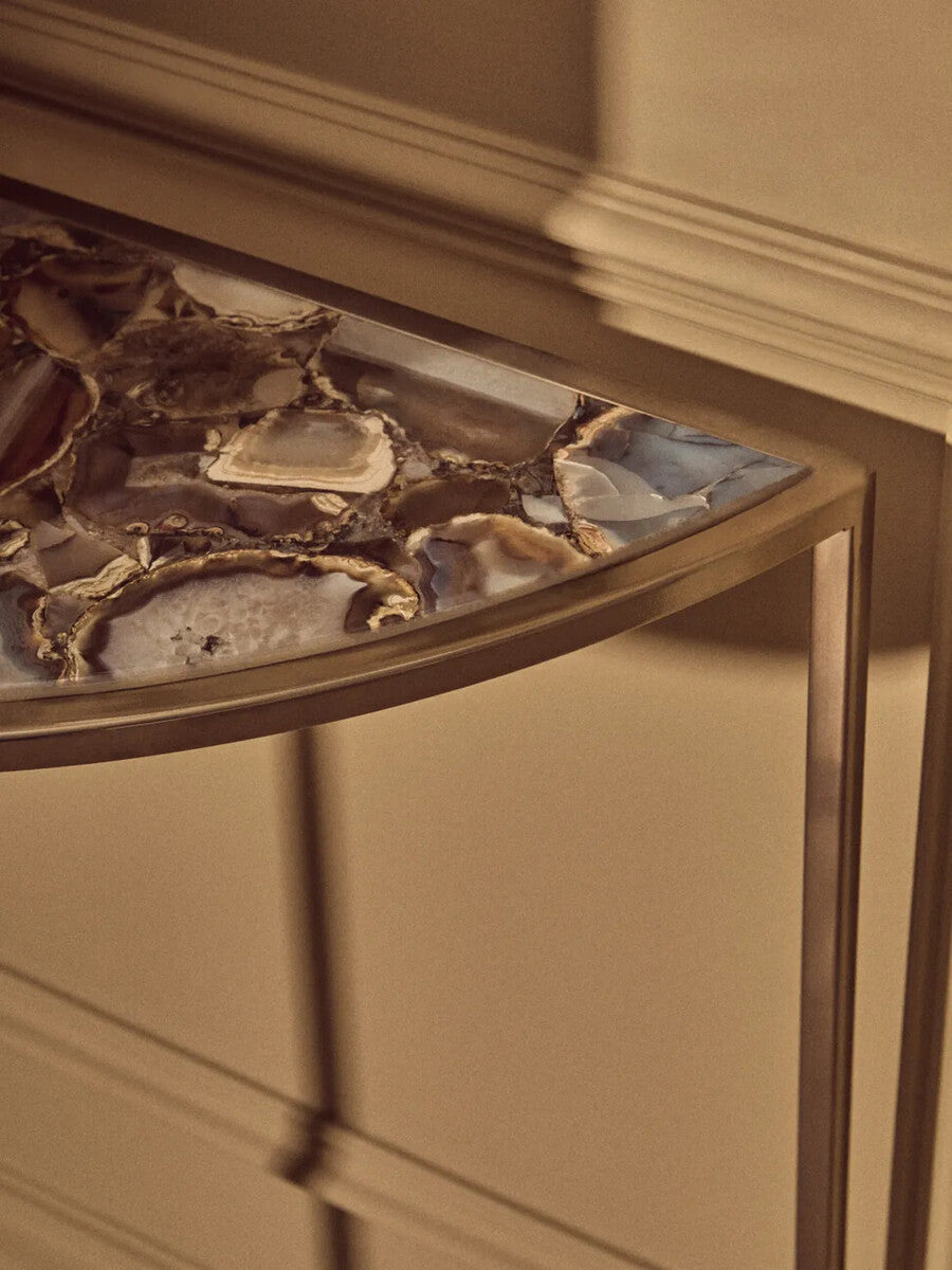 Black Agate Top Half Moon Console Table in Gold Coloured Steel Frame, Vita