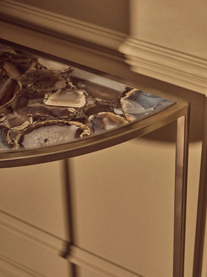Black Agate Top Half Moon Console Table in Gold Coloured Steel Frame, Vita