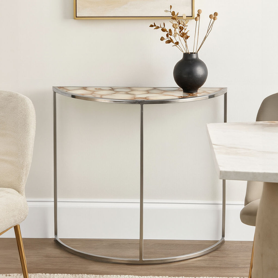 Vita Half Moon Console Table with White Agate Top
