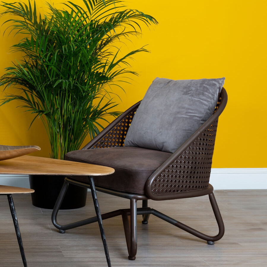 Wicker chair with a gray cushion against a yellow wall with a plant in the background.