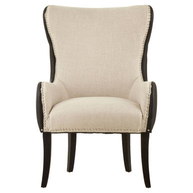 Beige armchair with dark wood legs on a white background