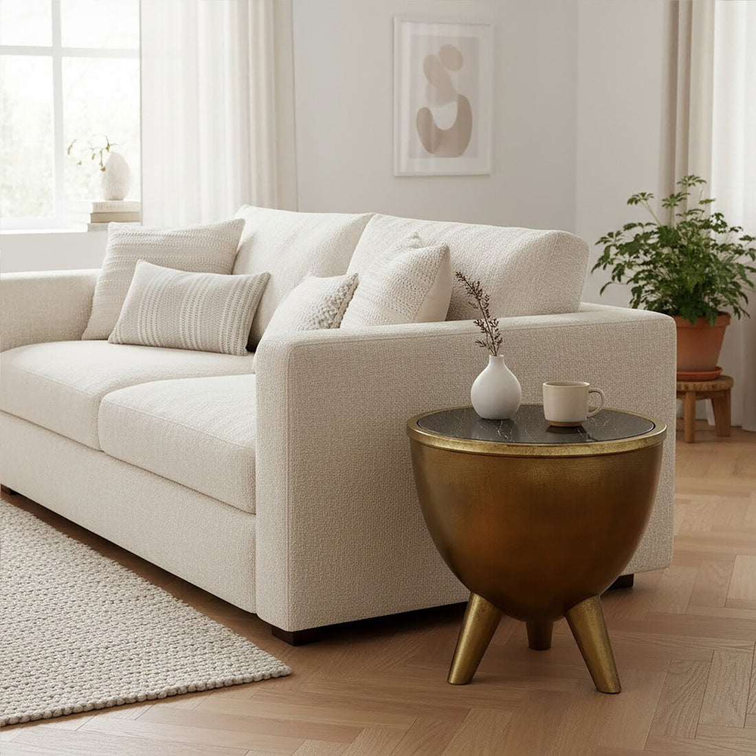 Crest Brass Bowl Shaped Side Table with Black Marble - Image 4