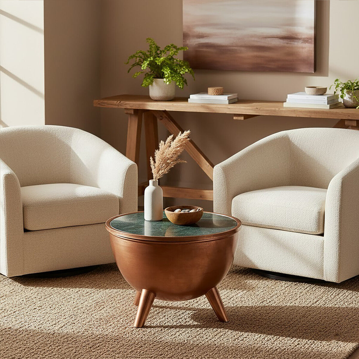 Crest Copper Bowl Shape Coffee Table with Green Marble