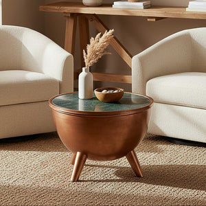 Copper Metallic Finish Coffee Table with Natural Green Marble Top and Tapered Legs, Crest