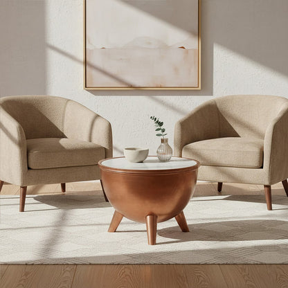 Crest Copper Bowl Shaped Coffee Table with White Marble