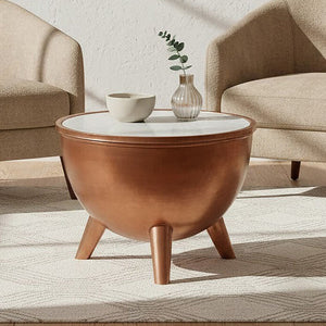 Copper Metallic Finish Coffee Table with Natural White Marble Top and Tapered Legs, Crest