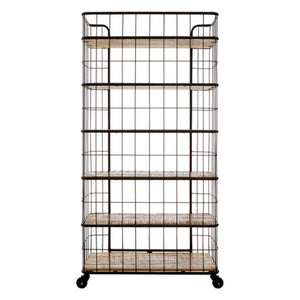 Crest Natural Wooden and Black Metal 6 Tier Shelf Unit with Wheels