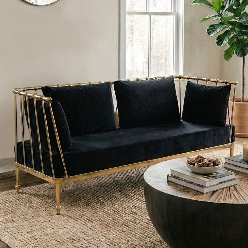 2 Seater Gold Finish Tapered Arms Sofa, Novo