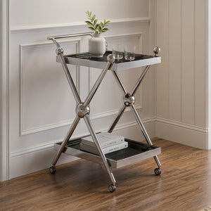 Novo Black Glass and Silver Finish 2 Tier Trolley with Cross Frame