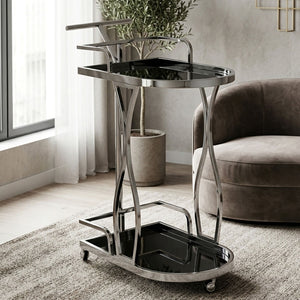 Novo Black Glass and Silver Finish 2 Tier Trolley