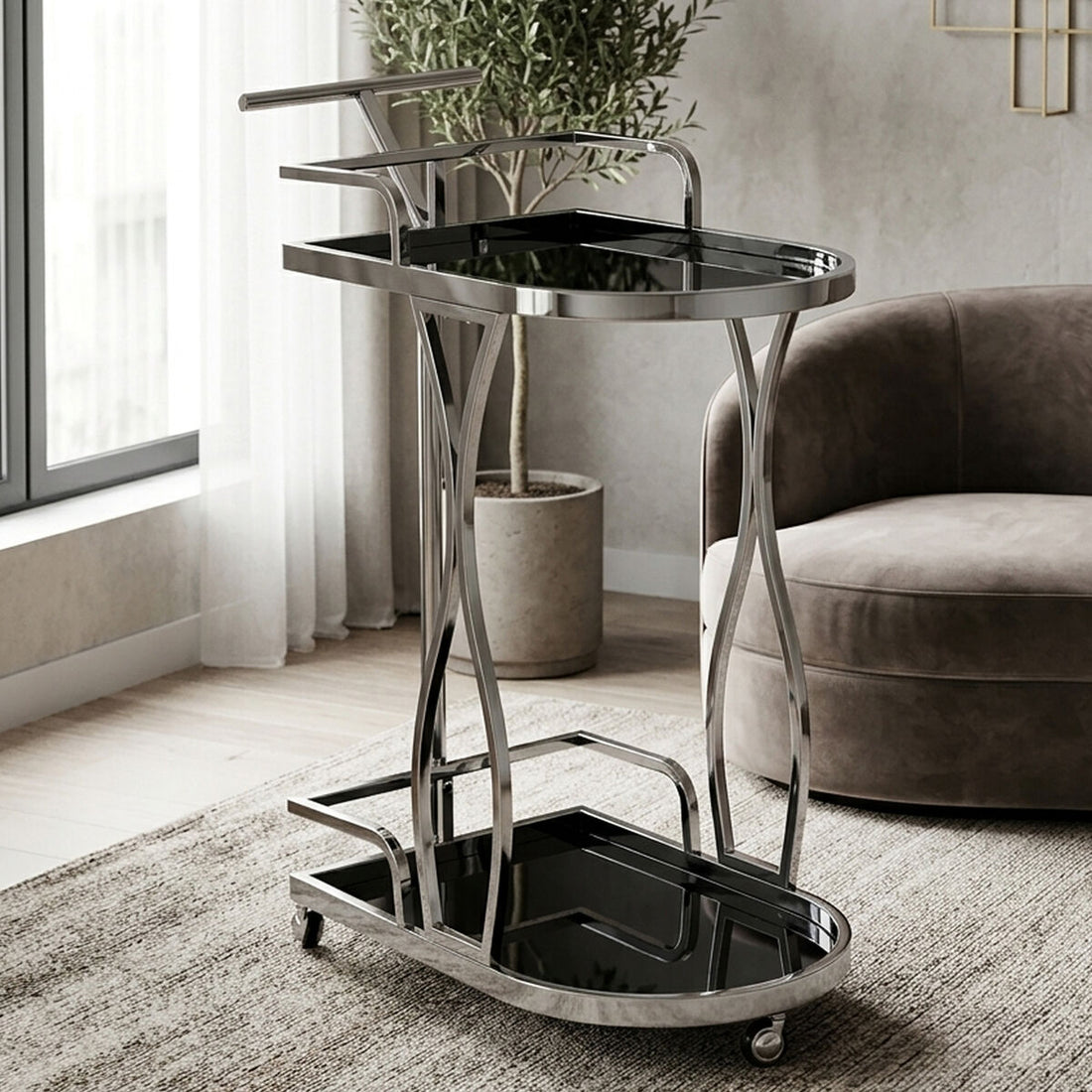Black Glass and Silver Frame 2 Tier Trolley | Novo