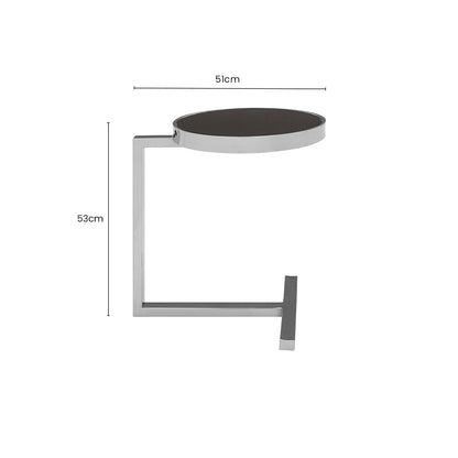 Silver Metal T Base Side Table with Black Tempered Glass Top, Novo