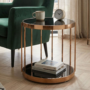 Novo Black Glass and Rose Gold Finish Cage Design Side Table