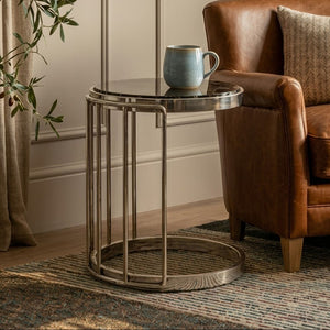 Novo Black Glass and Silver Finish Cage Design Side Table