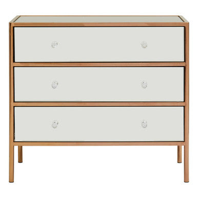 Three-drawer dresser with mirrored drawers and wooden frame on a white background