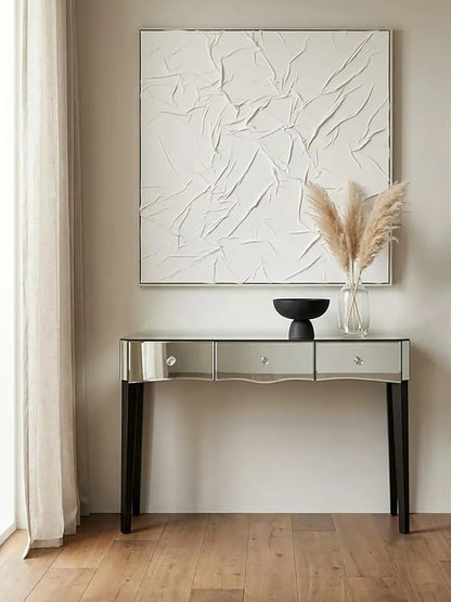 Mirrored Console Table with Black Finish Wooden Legs and Crystal Drawer Knobs, Gabriella