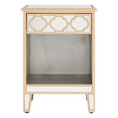 Beige nightstand with mirror accents on a white background