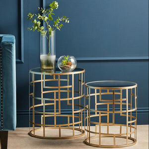 Avantis Champagne Finish Set of 2 Round Side Tables with Art Deco Design