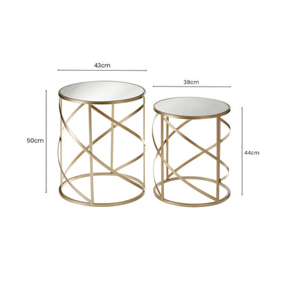 Set of 2 Gold Champagne Finish Flowing Swirl Metal Frame Side Tables with Mirrored Glass Tops, Avantis