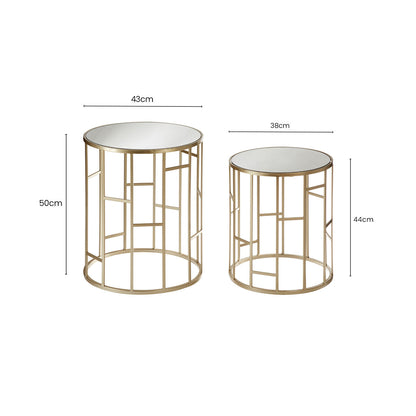 Set of 2 Gold Champagne Finish Asymmetric Round Side Tables with Mirrored Glass Tops, Avantis