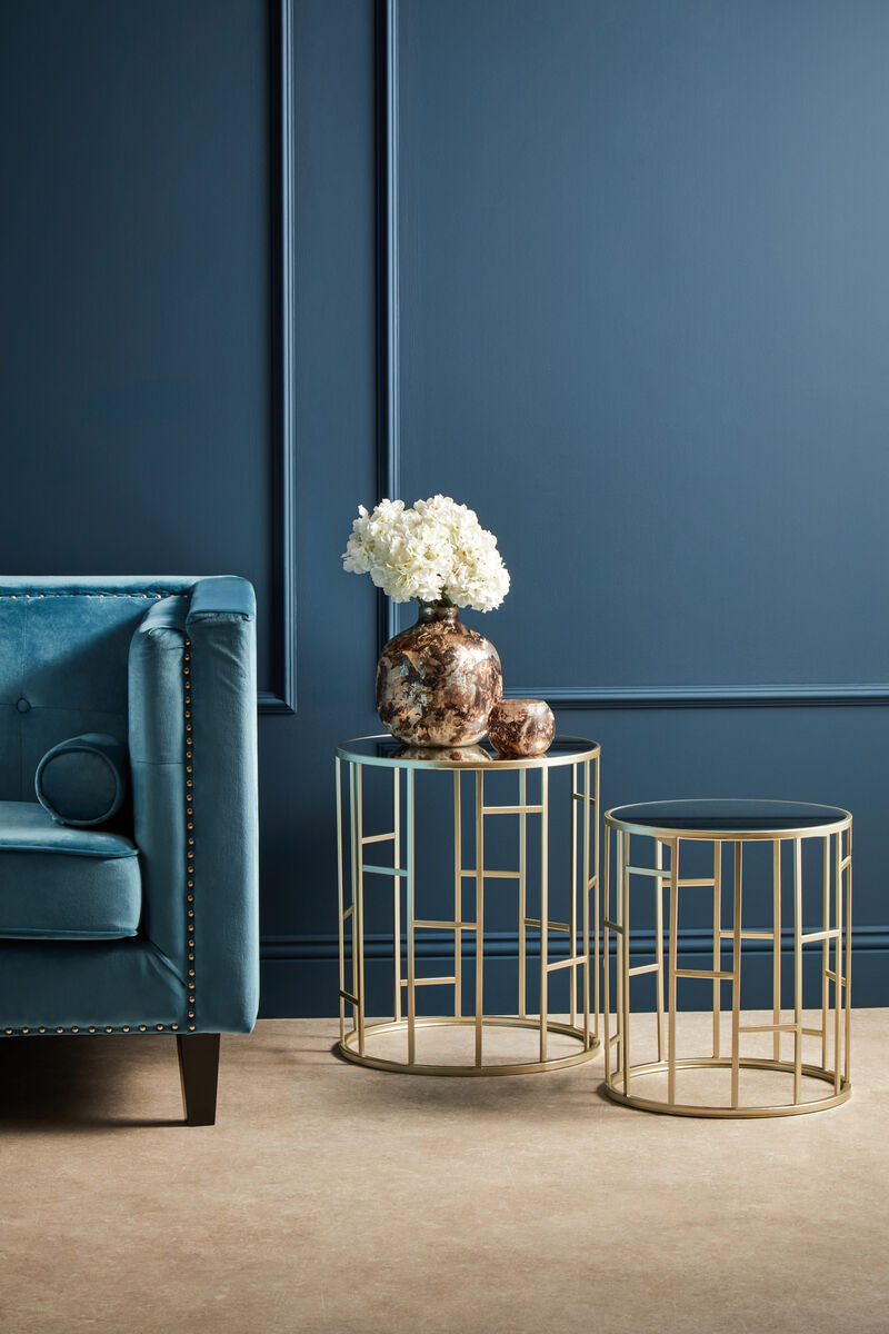Set of 2 Gold Champagne Finish Asymmetric Round Side Tables with Mirrored Glass Tops, Avantis