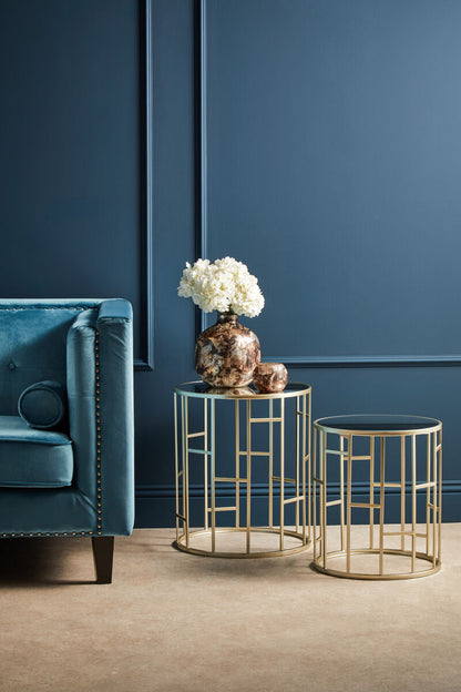 Set of 2 Gold Champagne Finish Asymmetric Round Side Tables with Mirrored Glass Tops, Avantis