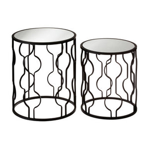 Avantis Black Finish Set of 2 Round Side Tables with Arabesque Design