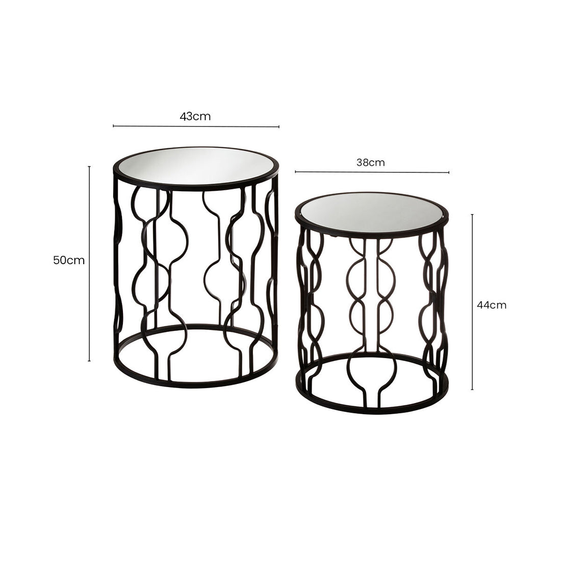 Set of 2 Black Metal Base Side Tables with Arabesque Detailing and Mirrored Glass Tops, Avantis