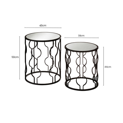 Set of 2 Black Metal Base Side Tables with Arabesque Detailing and Mirrored Glass Tops, Avantis