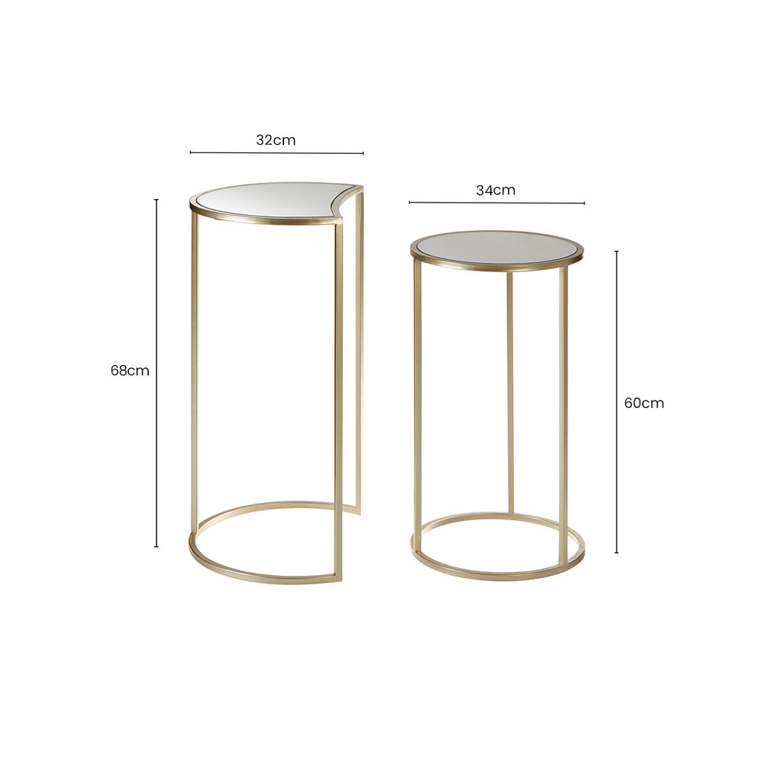 Set of 2 Art Deco Gold Champagne Finish Base Nesting Side Tables with Mirrored Glass Tops, Avantis