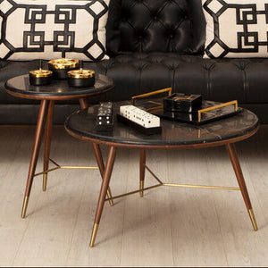 Dark Grey Marble Top Round Coffee Table with Walnut Wood Frame and Brass Finish Accents, Kenso
