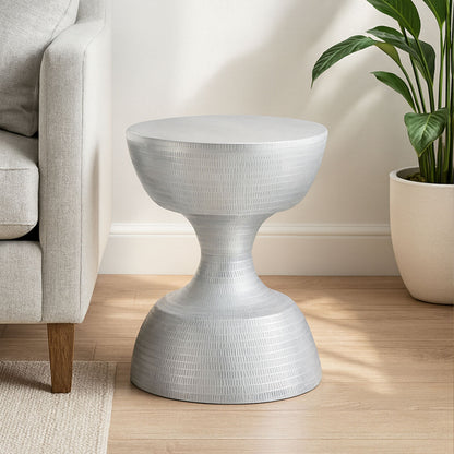 Silver Small Hourglass Aluminium Side Table with Engraved Detail | Matin