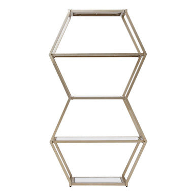 Hexagonal metal shelf with glass shelves on a white background