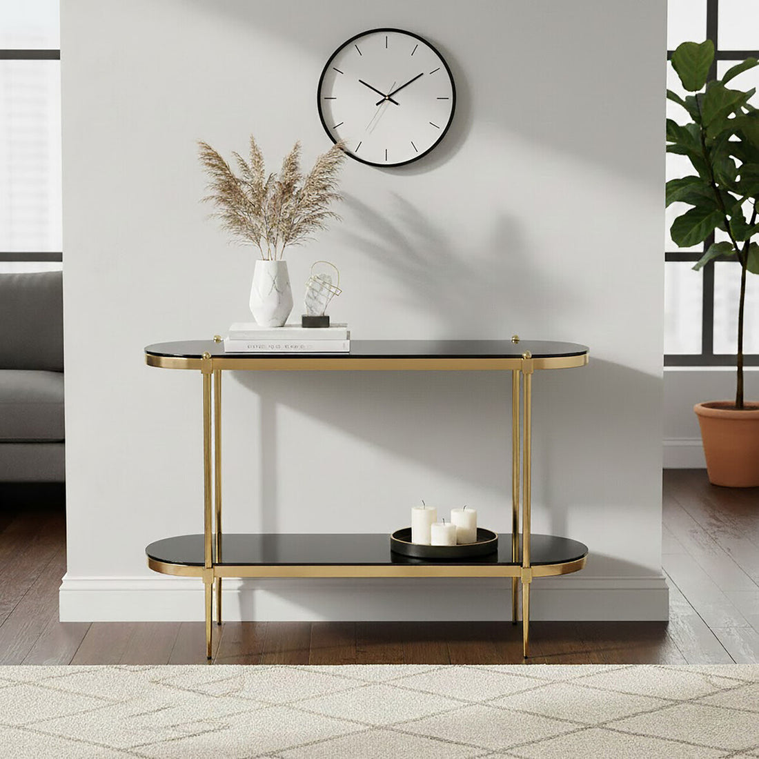Arezzo 2 Tier Gold Console Table with Black Tempered Glass - Image 6