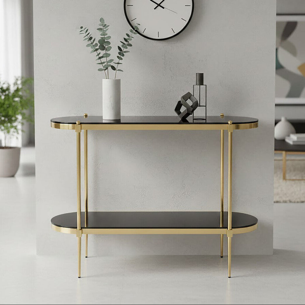 Arezzo 2 Tier Gold Console Table with Black Tempered Glass