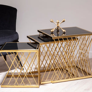 Arezzo Black Glass and Gold Finish Set of 3 Nesting Tables