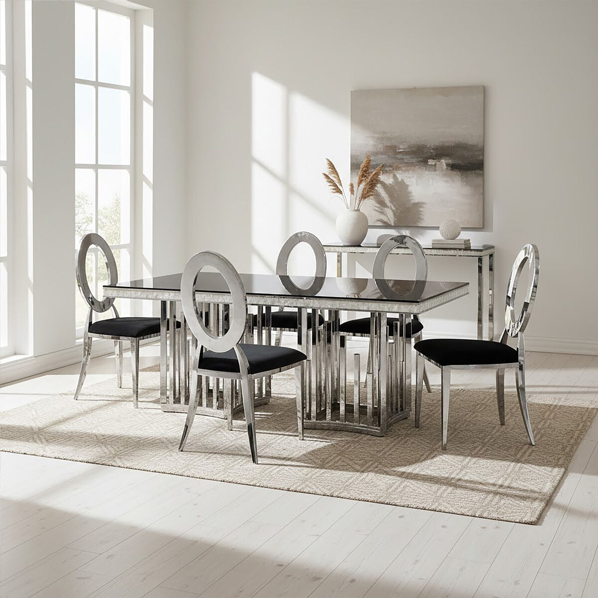 Eliza Silver Finish Dining Table with Black Glass Top