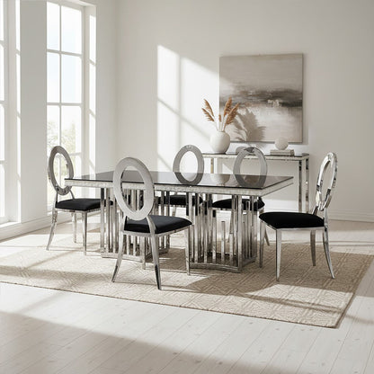 Eliza Silver Finish Dining Table with Black Glass Top