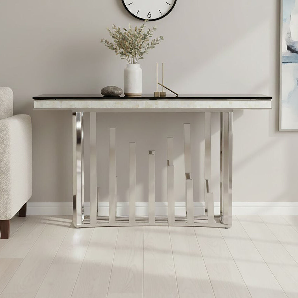 Eliza Silver Console Table With Black Glass Top