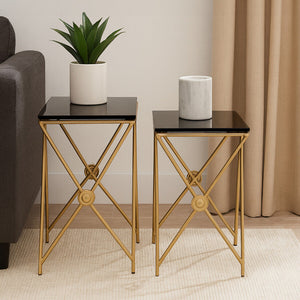 Set of 2 Black Tempered Glass Top Side Tables with Gold Finish Intersecting Frame, Monroe