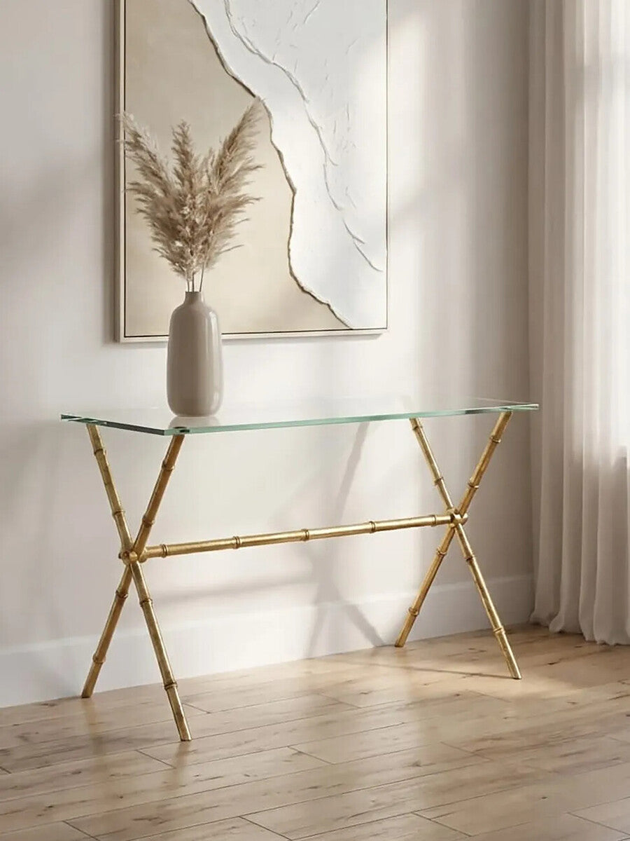 Distressed Gold Bamboo Style Console Table with Clear Tempered Glass Top, Monroe