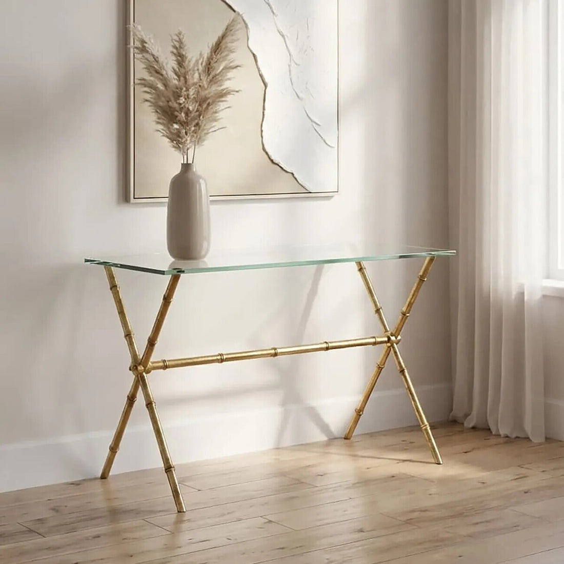 Distressed Gold Bamboo Style Console Table with Clear Tempered Glass Top, Monroe