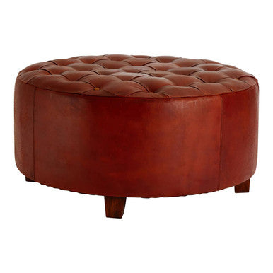Inca Round Button Tufted Antique Brown Leather Large Stool - Image 6
