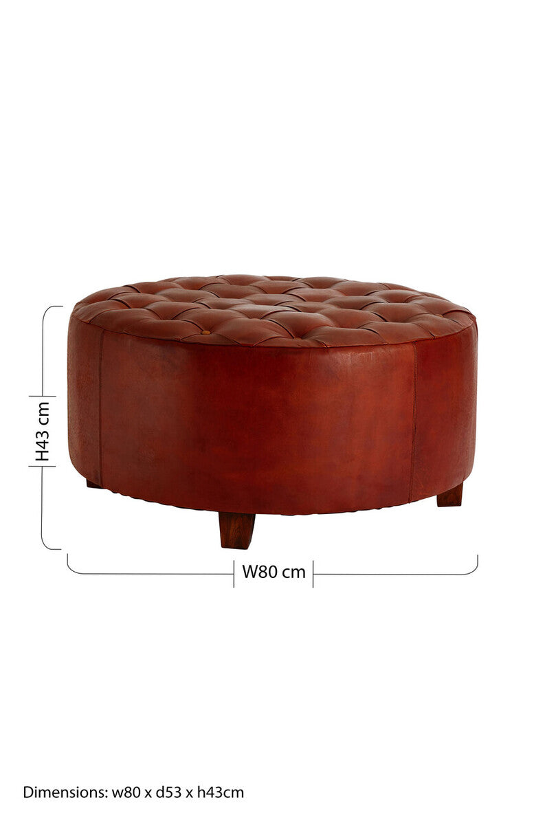 Brown round ottoman with dimensions on a white background