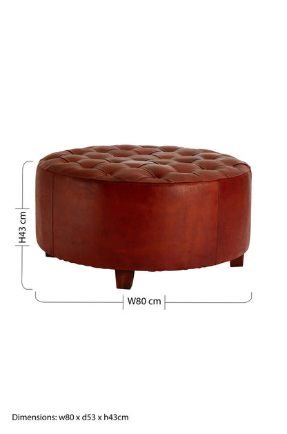 Brown round ottoman with dimensions on a white background