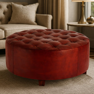 Inca Antique Brown Leather and Teak Wood Large Round Stool
